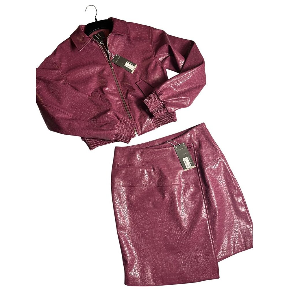 NWT-Worthington Womens Faux Croc Leather Bomber Jacket & mini Skirt Set  Pink